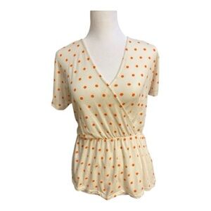 J. Crew Cream V-Neck Top with Orange Polka Dot Accents